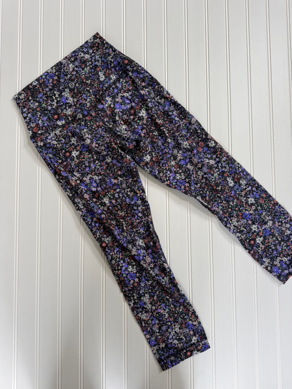 lululemon athletica Black Floral Print Leggings with Purple Accents